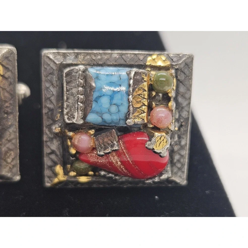 Vintage Artisan Mosaic Stone Inlayed Bronze Cuff‎ Links